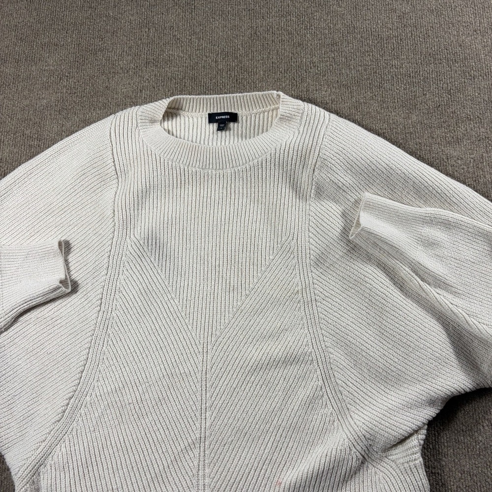 Express Womens Small Ivory Rib Knit Cropped Dolman Sleeve Crew Neck Sweater